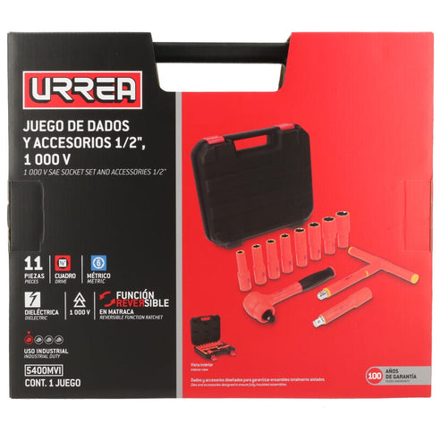 Juego De Dados Y Accesorios Cuadro De 1/2 Métricos Para 1000 V, Caja Plástica, Urrea 5400MVI