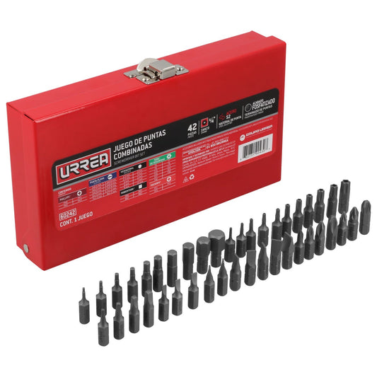 Juego Combinado De Puntas Hexágono De 1/4, 42 Piezas En Caja Metalica, Urrea 60242