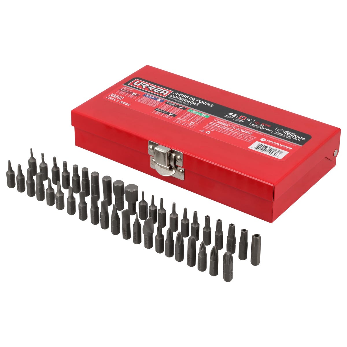 Juego Combinado De Puntas Hexágono De 1/4, 42 Piezas En Caja Metalica, Urrea 60242