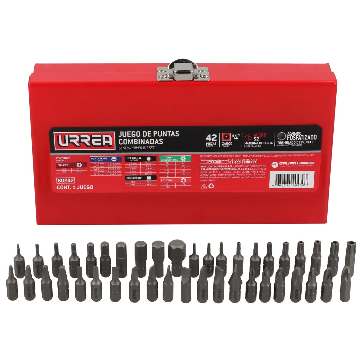 Juego Combinado De Puntas Hexágono De 1/4, 42 Piezas En Caja Metalica, Urrea 60242