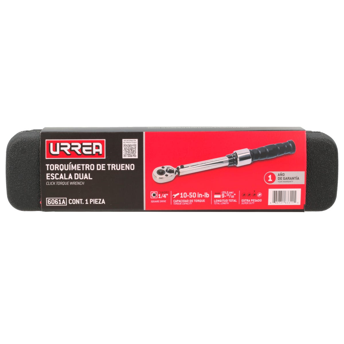 Torquímetro De Trueno Escala Dual Cuadro De 1/4, 10-50 in-lb (1.1-5.6 Nm), Urrea 6061A