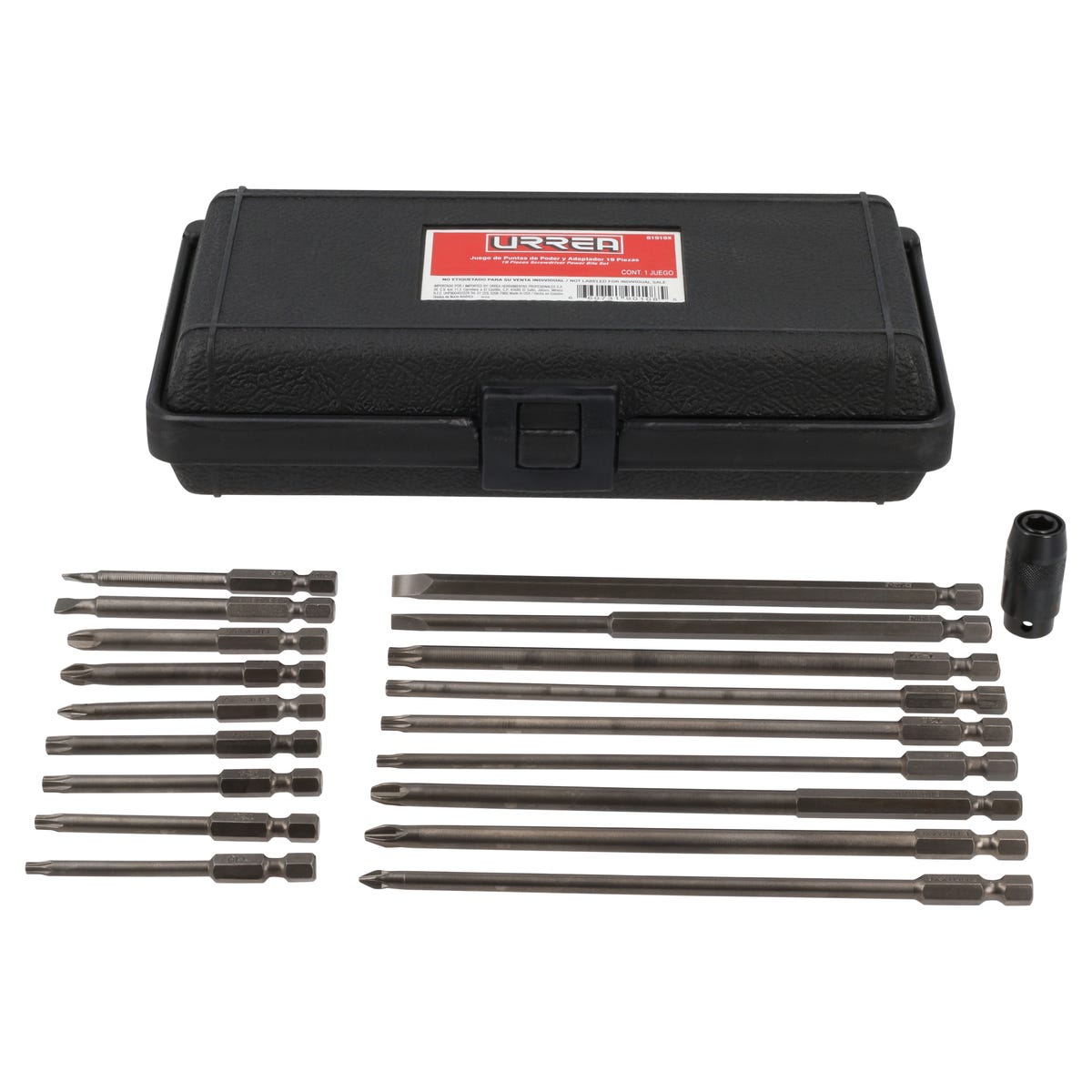 Juego De Puntas De Poder Y Adaptador Rápido Cuadro De 1/4 Quick Release, 19 Pz En Caja Plástica, Urrea 61919X