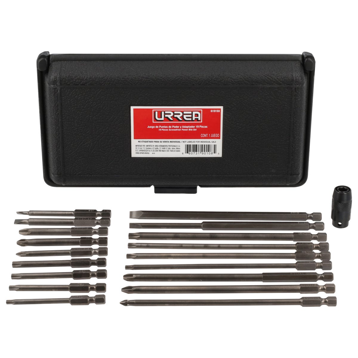 Juego De Puntas De Poder Y Adaptador Rápido Cuadro De 1/4 Quick Release, 19 Pz En Caja Plástica, Urrea 61919X