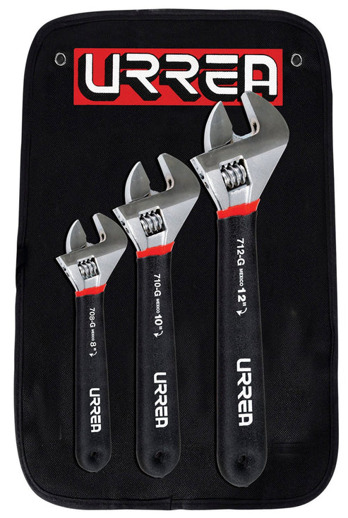 Juego De Llaves Ajustables Cromadas Con Mango Rubber Grip, 3 Piezas En Estuche, Urrea 795G