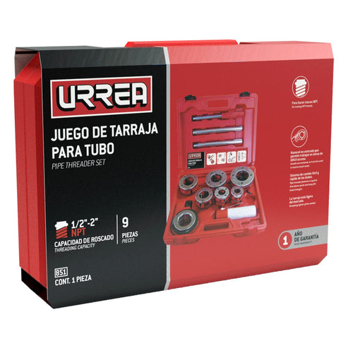 Juego De Tarraja Para Tubo De 1/2 A 2 NPT, 9 Piezas, Urrea 851