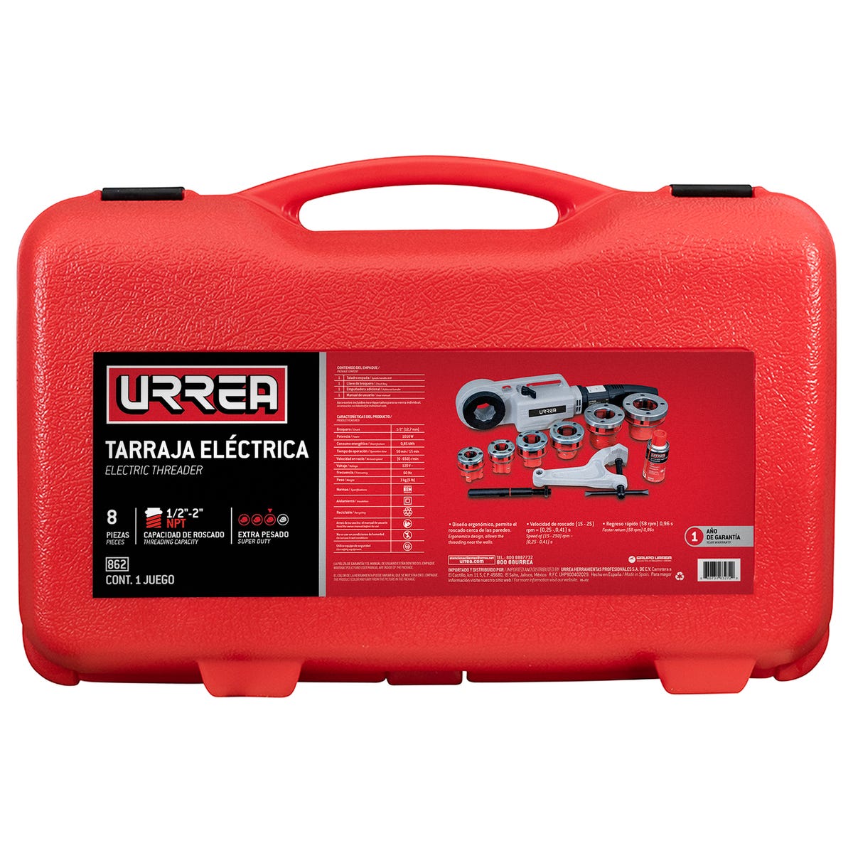 Juego De Tarraja Eléctrica Para Tubo De 1/2-2 NPT, 8 Piezas, Urrea 862