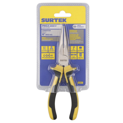 Pinza Con Mango Bimaterial De 1000 V De Puntas Largas, 6, Surtek 926V