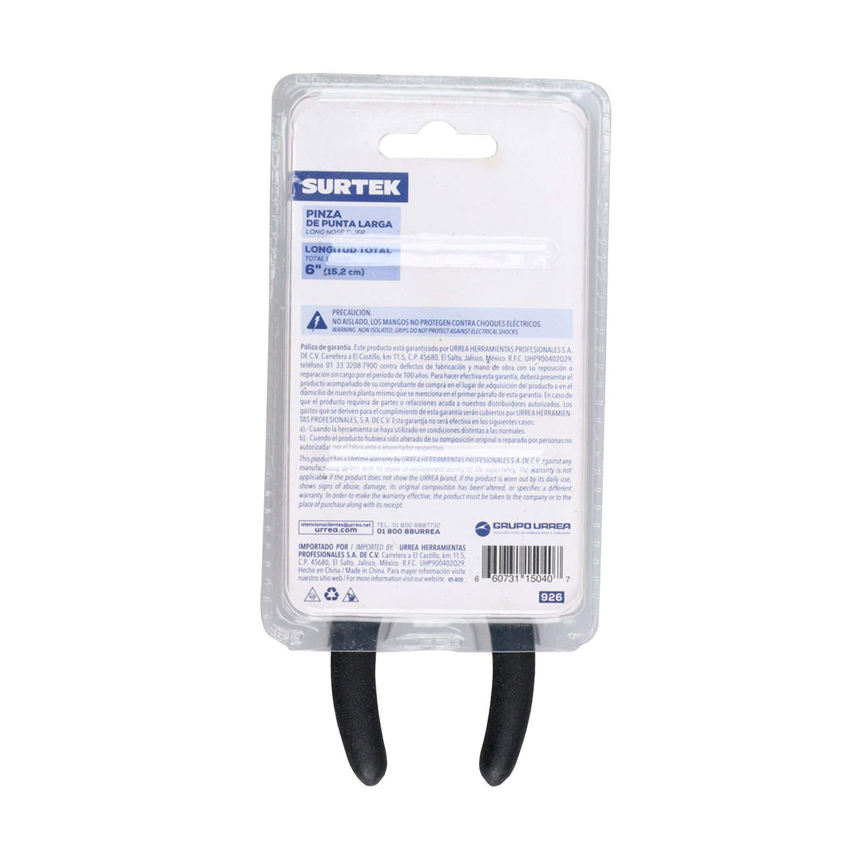 Pinza Para Electricista Con Mango Rubber Grip Punta Larga Corte Lateral De 6, Surtek 926