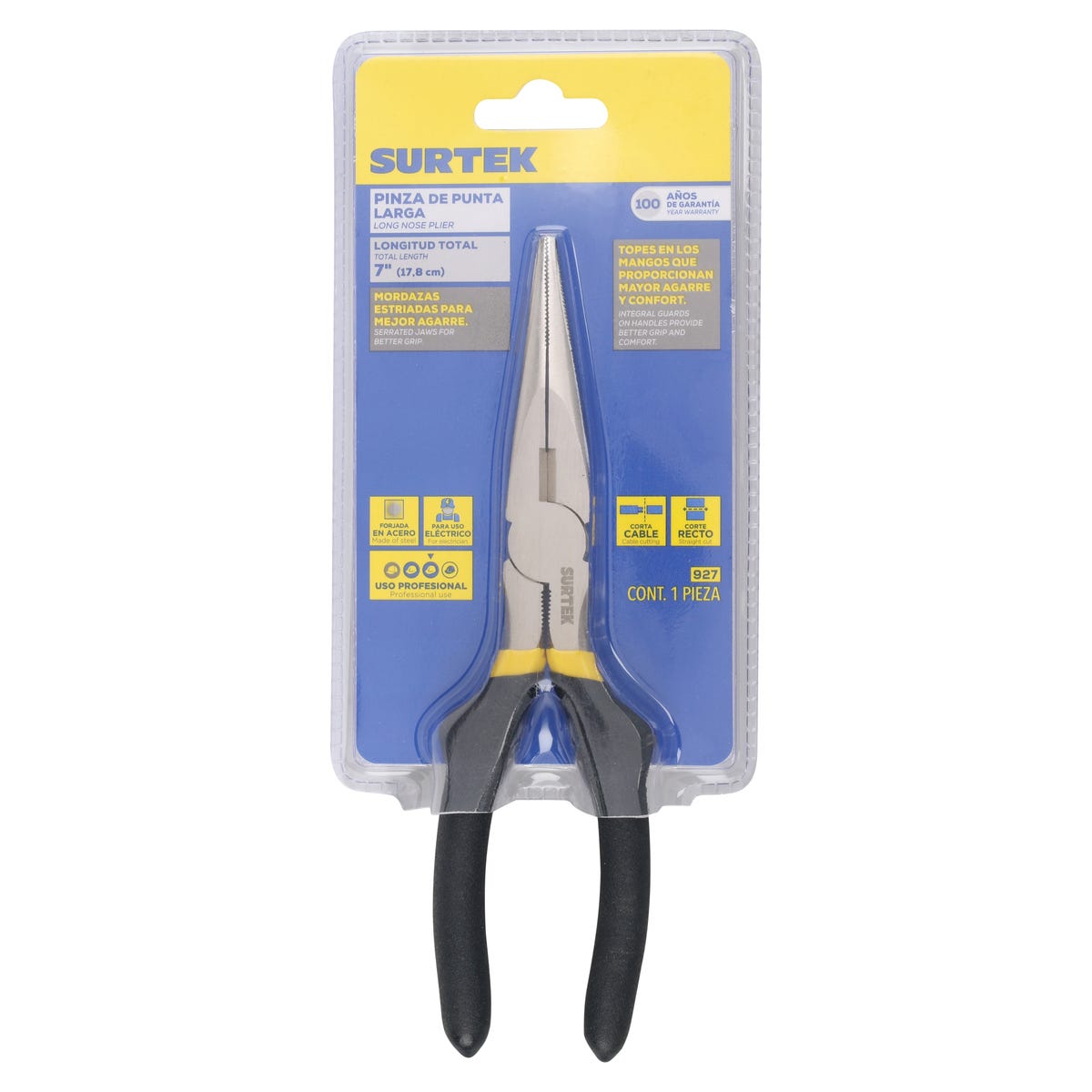 Pinza Para Electricista Con Mango Rubber Grip Punta Larga Corte Lateral De 7, Surtek 927