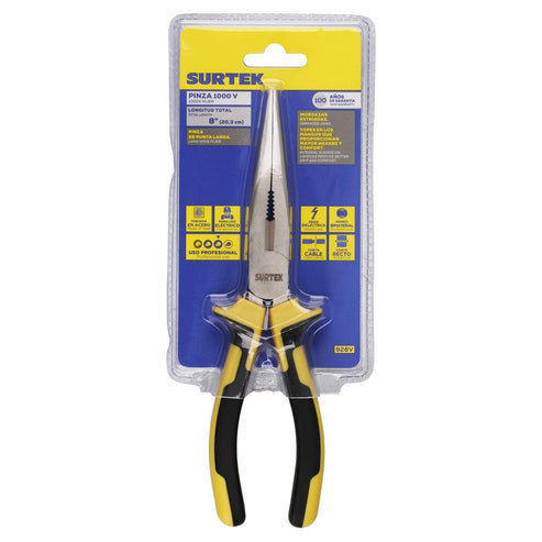 Pinza Con Mango Bimaterial De 1000 V De Puntas Largas, 8, Surtek 928V