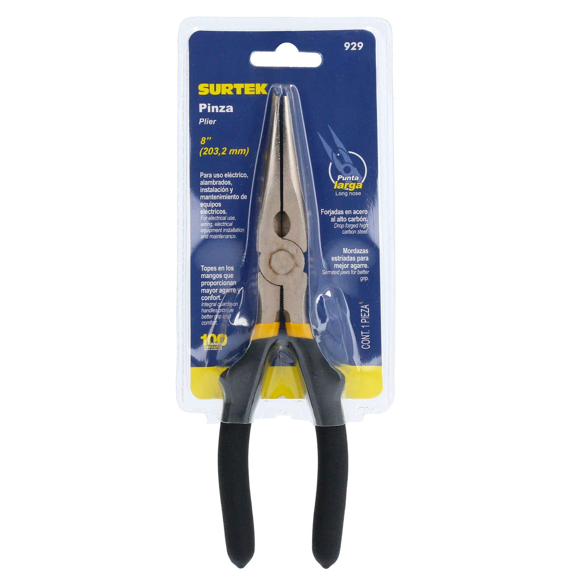 Pinza Para Electricista Con Mango Rubber Grip Punta Larga Corte Lateral De 8, Surtek 929