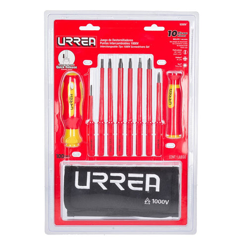 Juego De Destornilladores Con Mango Bimaterial Y Puntas Intercambiables 1000 V, 10 Piezas, Urrea 9300V