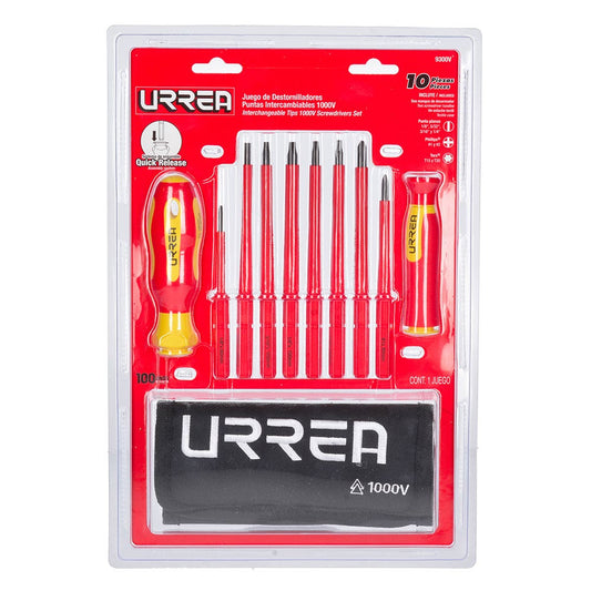 Juego De Destornilladores Con Mango Bimaterial Y Puntas Intercambiables 1000 V, 10 Piezas, Urrea 9300V