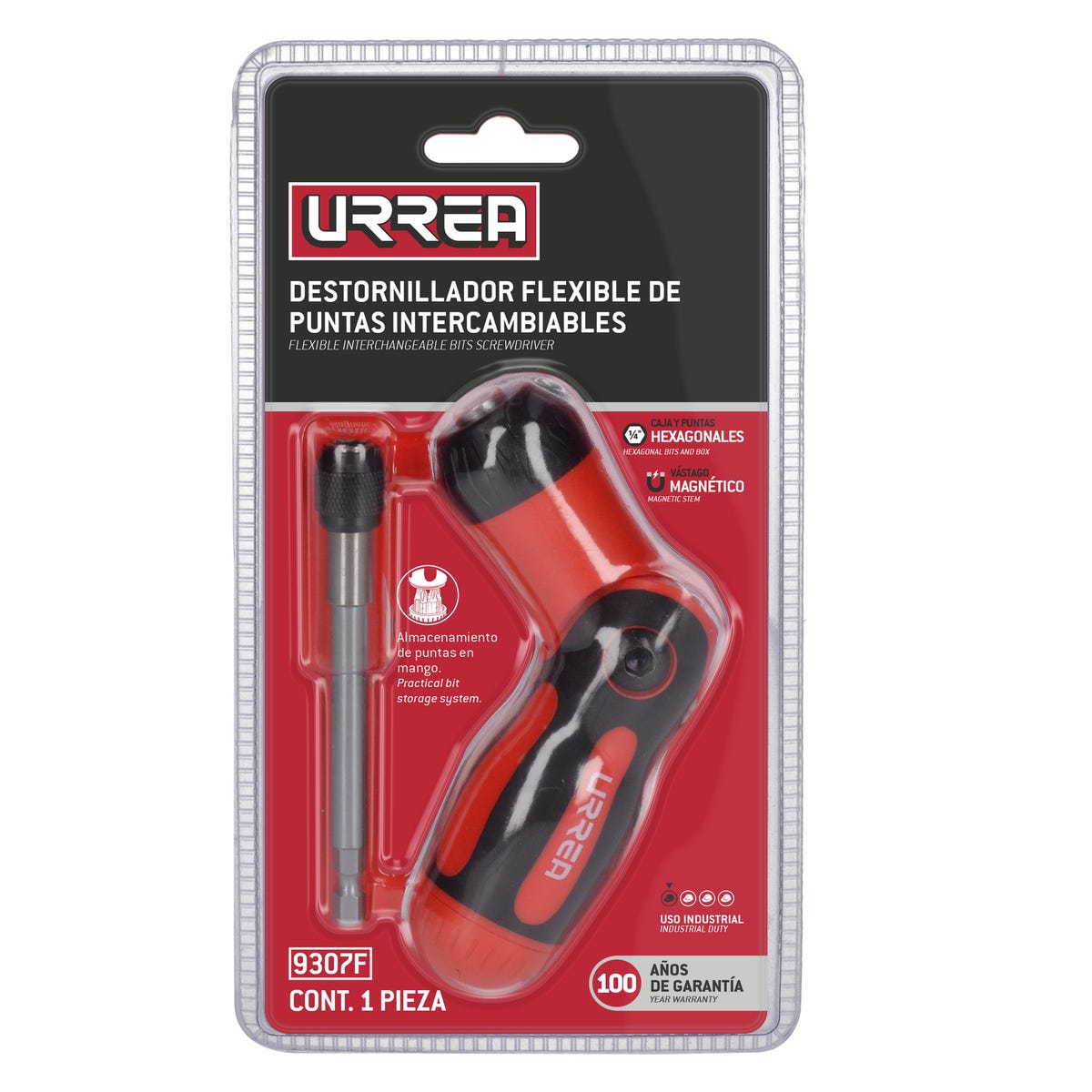 Destornillador Con Mango Bimaterial De Matraca Flexible Con Puntas Intercambiables 7 En 1, Urrea 9307F