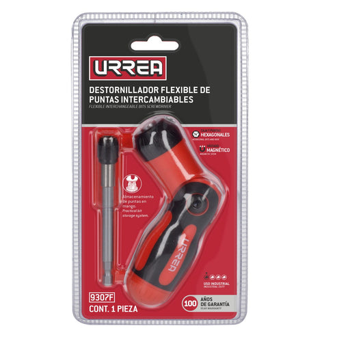 Destornillador Con Mango Bimaterial De Matraca Flexible Con Puntas Intercambiables 7 En 1, Urrea 9307F