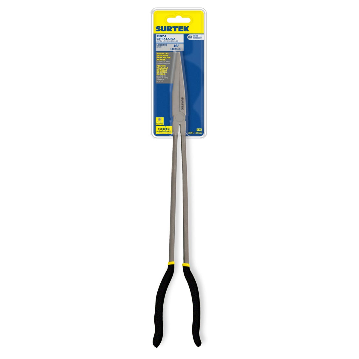 Pinza Extra Larga Para Electricista Con Mango Doble Plastisol Punta Fina De 16, Surtek 936