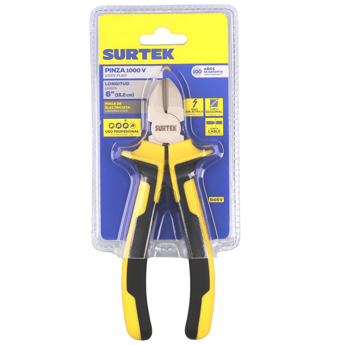 Pinza Con Mango Bimaterial De 1000 V De Corte Diagonal, 6, Surtek 946V