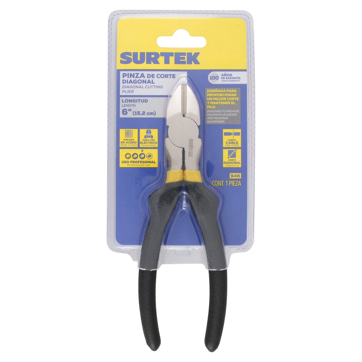 Pinza Para Electricista Con Mango Rubber Grip Corte Diagonal De 6, Surtek 946