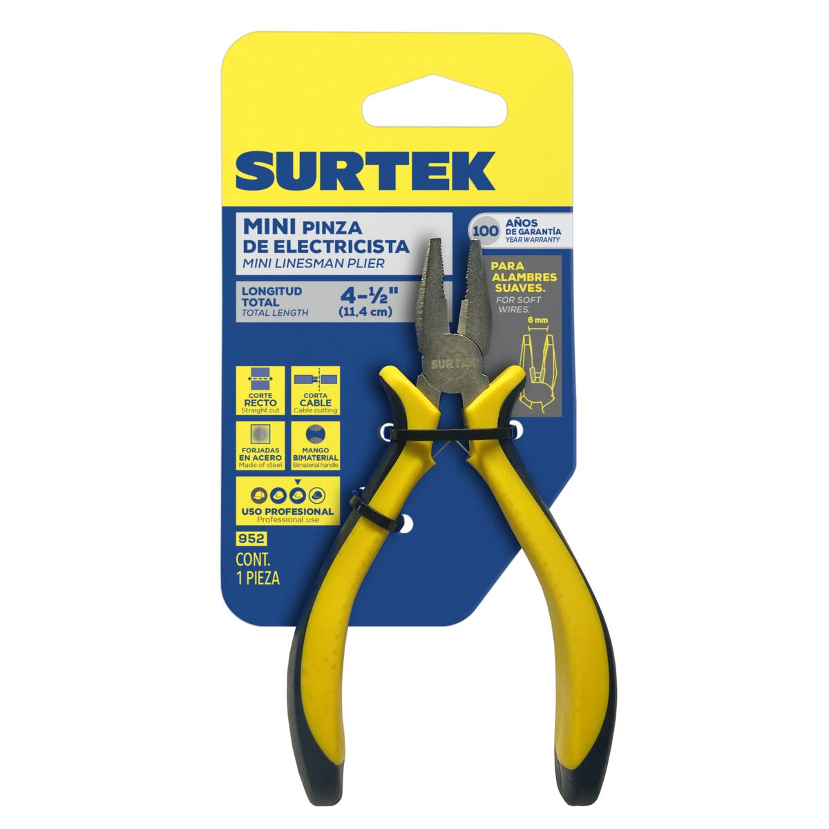 Mini Pinza Para Electrónica Con Mango Bimaterial Corte Lateral De 4-1/2, Surtek 952