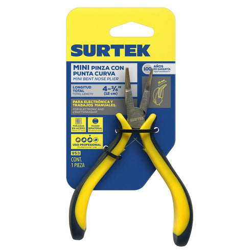 Mini Pinza Para Electrónica Con Mango Bimaterial Punta Curva De 4-3/4, Surtek 953