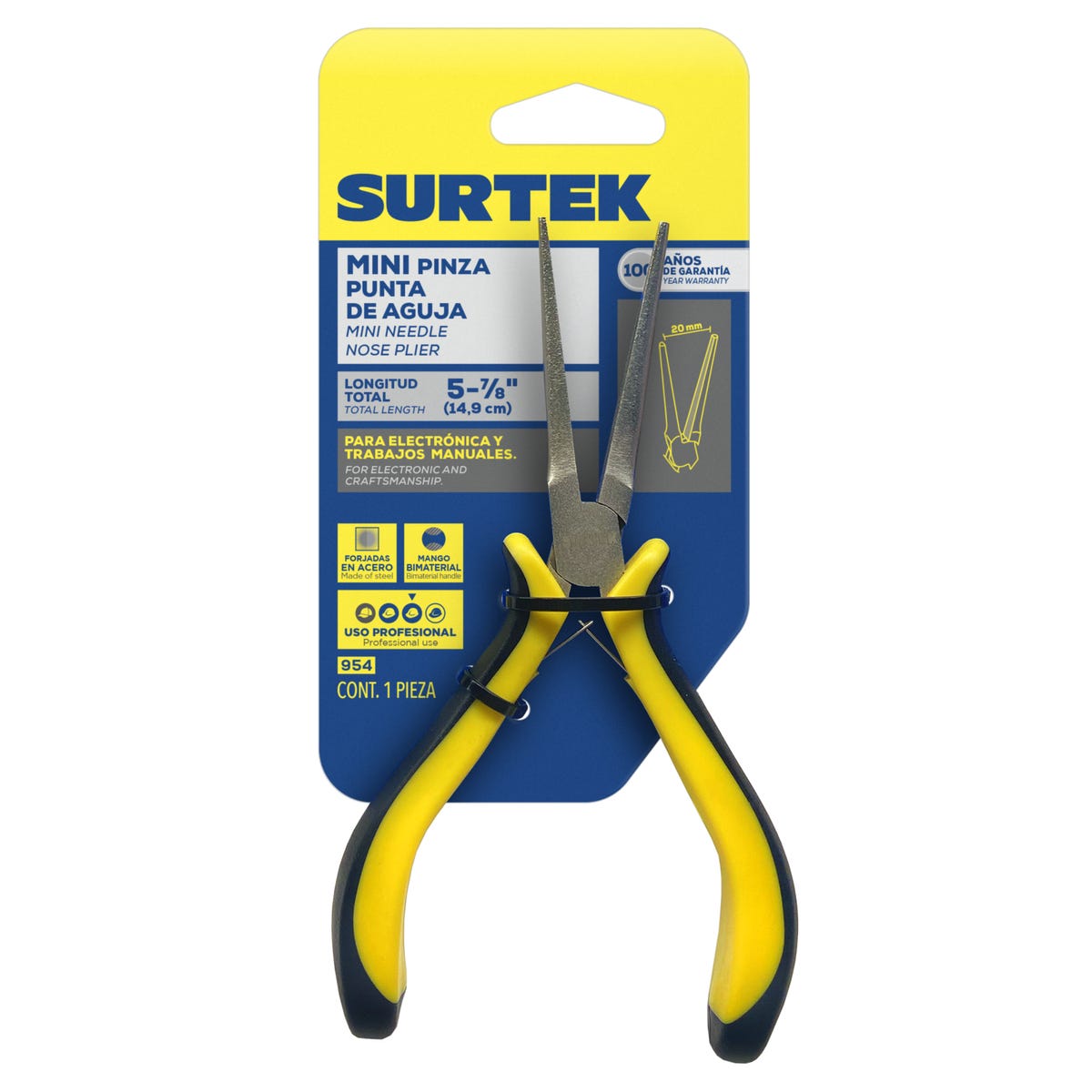 Mini Pinza Para Electrónica Con Mango Bimaterial Punta Aguja De 5-7/8, Surtek 954