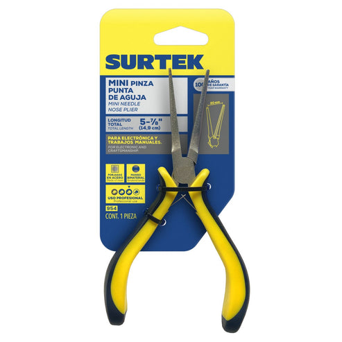 Mini Pinza Para Electrónica Con Mango Bimaterial Punta Aguja De 5-7/8, Surtek 954