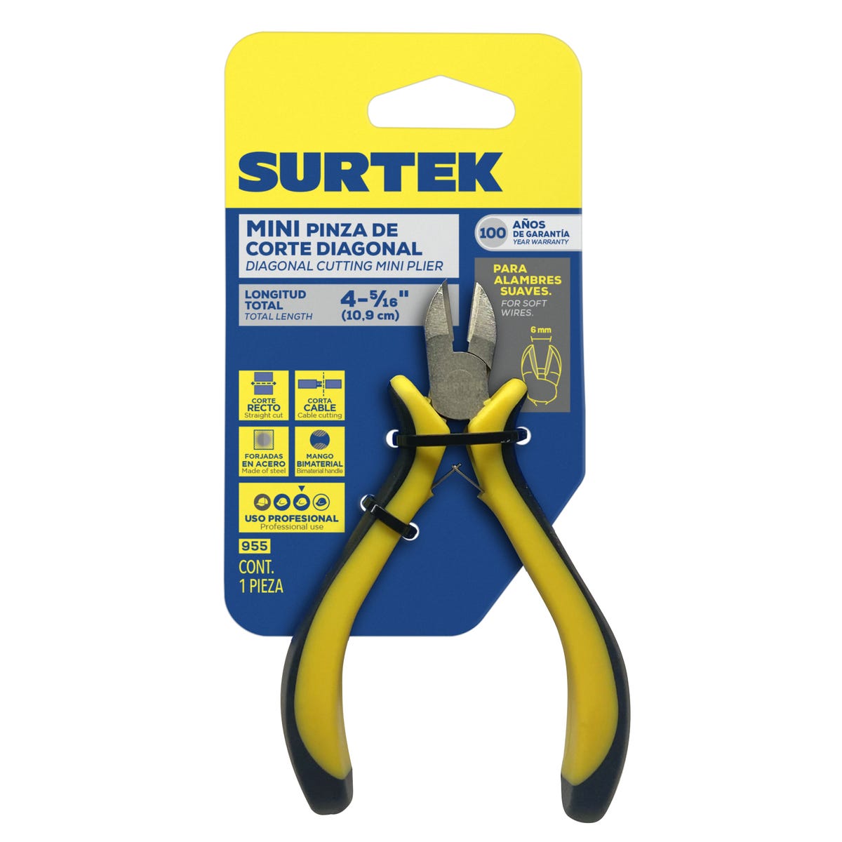 Mini Pinza Para Electrónica Con Mango Bimaterial Corte Diagonal De 4-5/16, Surtek 955