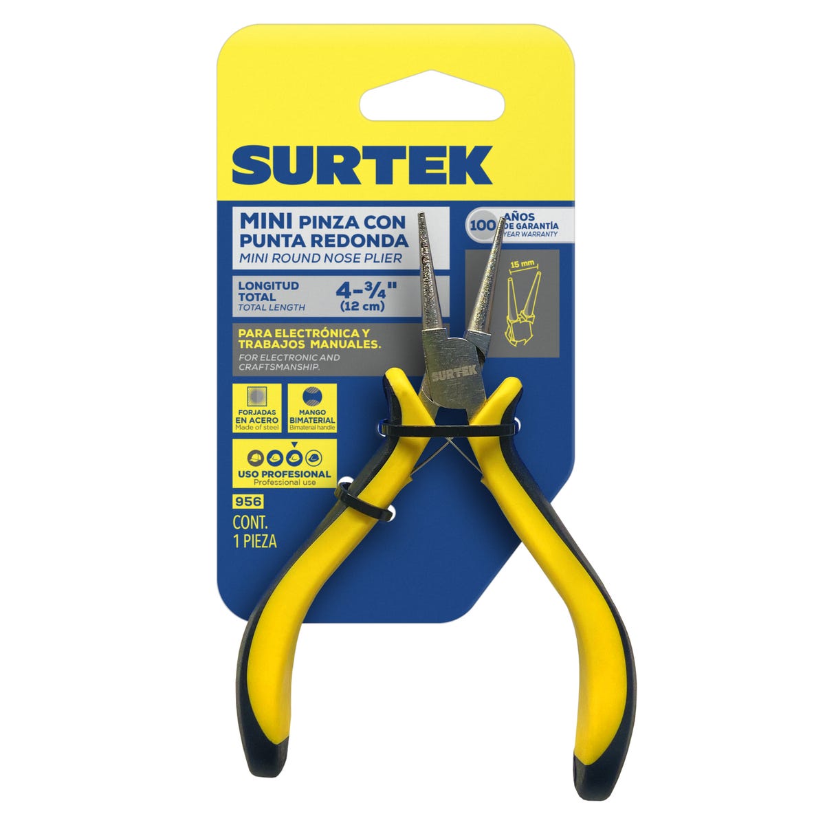 Mini Pinza Para Electrónica Con Mango Bimaterial Cabeza Redonda De 4-3/4, Surtek 956