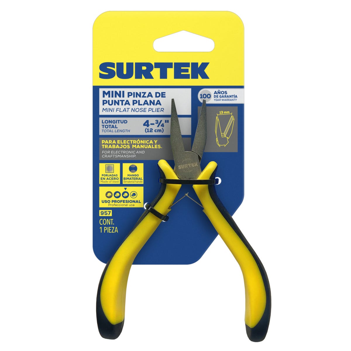 Mini Pinza Para Electrónica Con Mango Bimaterial Punta Plana De 4-3/4, Surtek 957