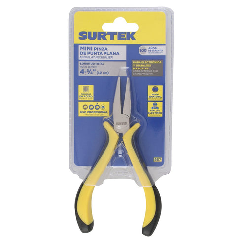 Mini Pinza Para Electrónica Con Mango Bimaterial Punta Plana De 4-3/4, Surtek 957