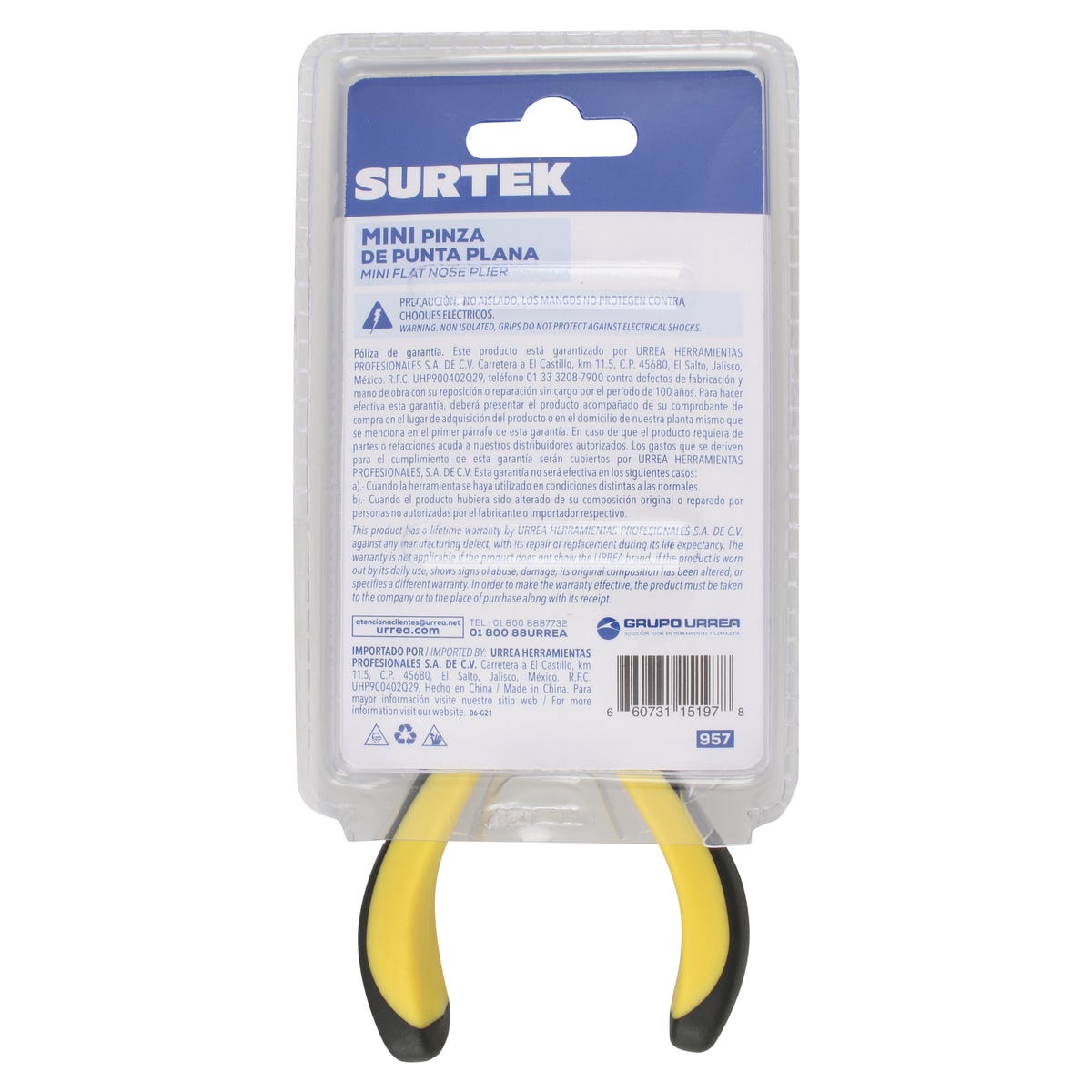 Mini Pinza Para Electrónica Con Mango Bimaterial Punta Plana De 4-3/4, Surtek 957