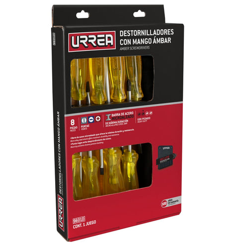 Juego De Destornilladores Con Mango Ámbar Combinados, 8 Piezas En Caja, Urrea 9601D