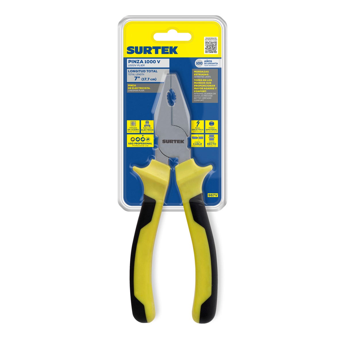 Pinza Con Mango Bimaterial De 1000 V De Corte Universal, 7, Surtek 967V