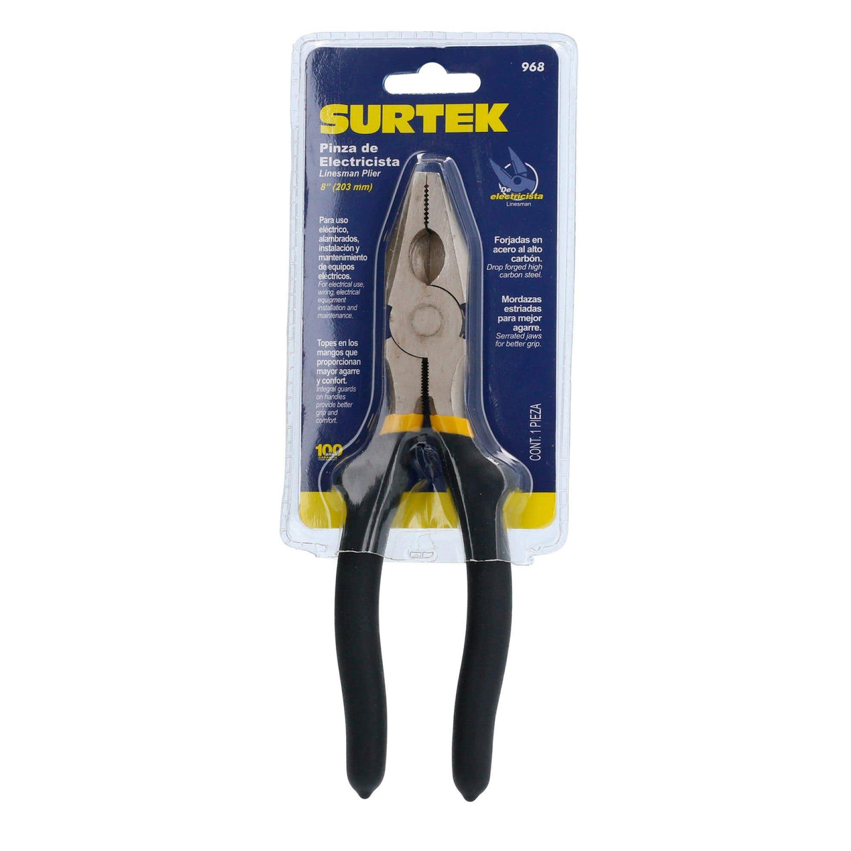 Pinza Para Electricista Con Mango Rubber Grip Corte Lateral De 8, Surtek 968