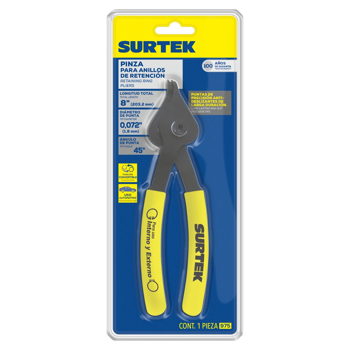 Pinza Para Anillos De Retención Convertibles .072 Ángulo De 45°, Surtek 975