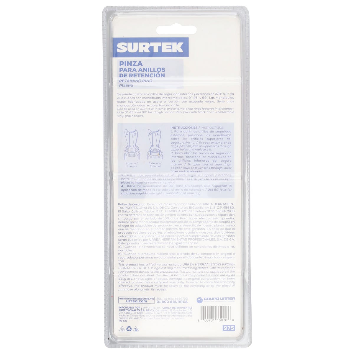 Pinza Para Anillos De Retención Convertibles .072 Ángulo De 45°, Surtek 975