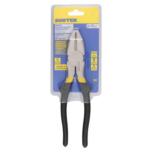 Pinza Para Electricista Con Mango Rubber Grip Nariz Cuadrada Corte Lateral De 8, Surtek 978
