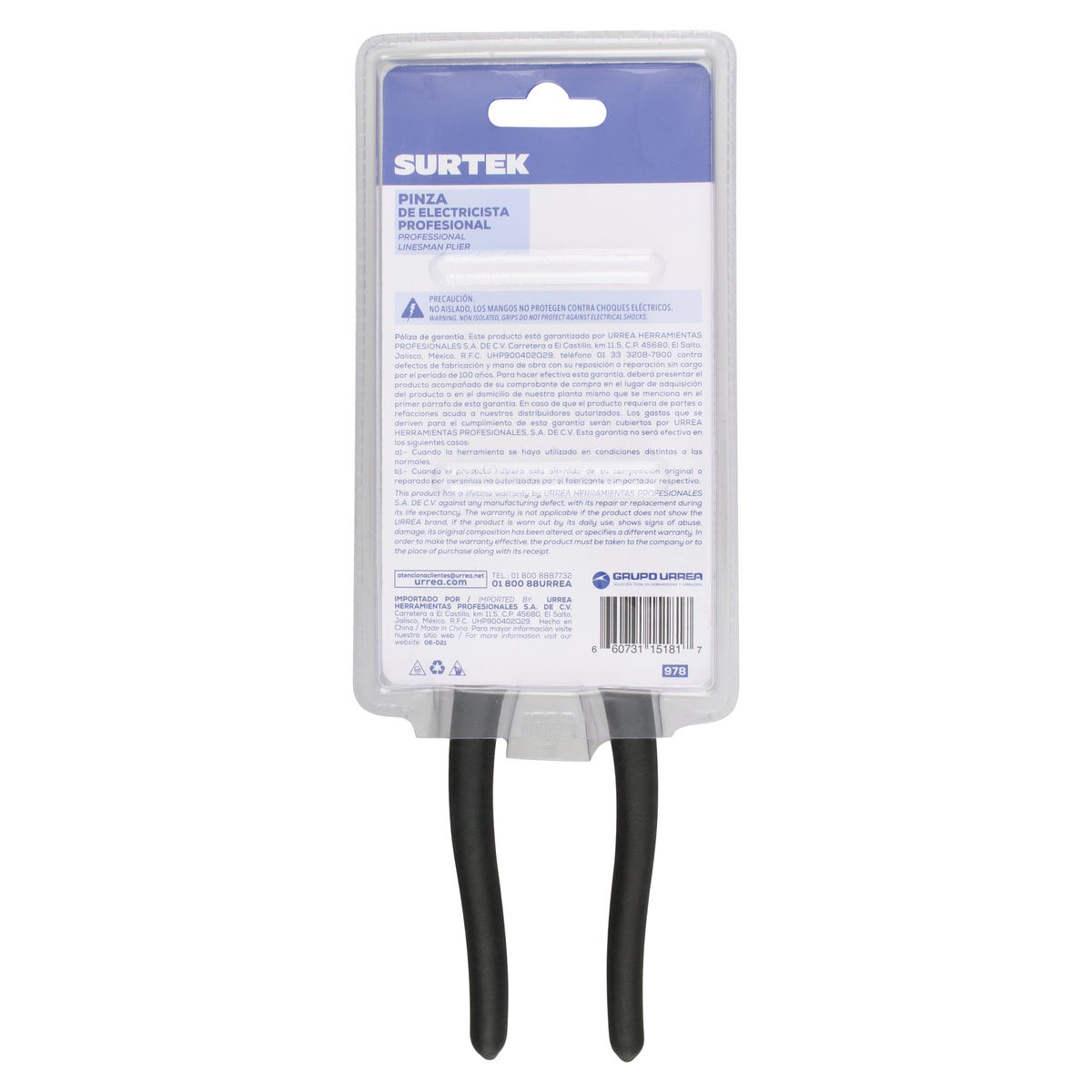 Pinza Para Electricista Con Mango Rubber Grip Nariz Cuadrada Corte Lateral De 8, Surtek 978