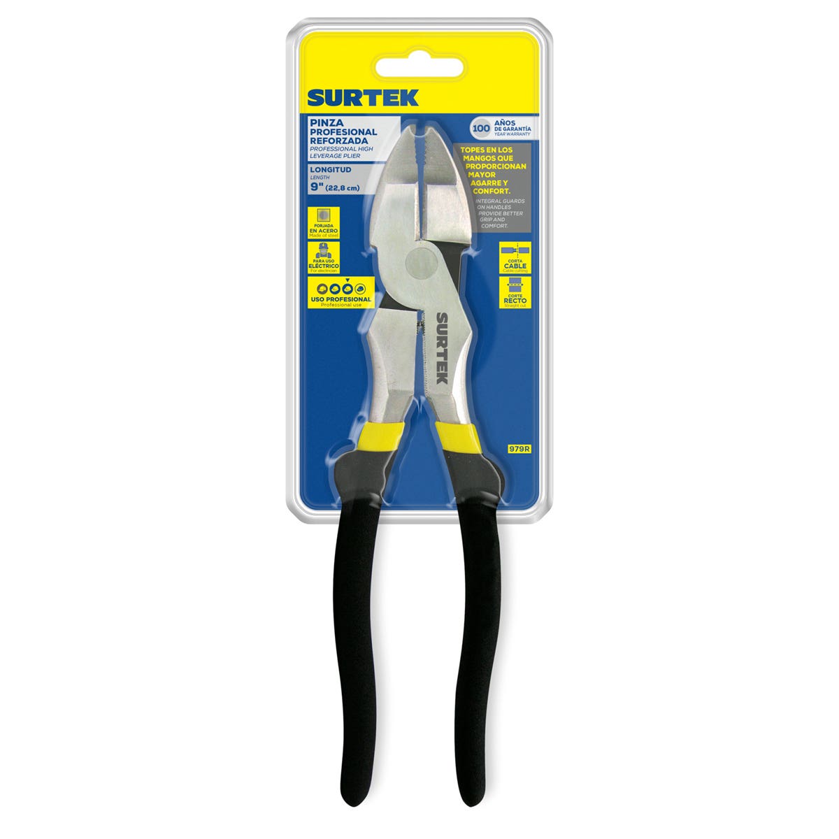 Pinza Para Electricista Con Mango Rubber Grip Corte Lateral Reforzada De 9, Surtek 979R