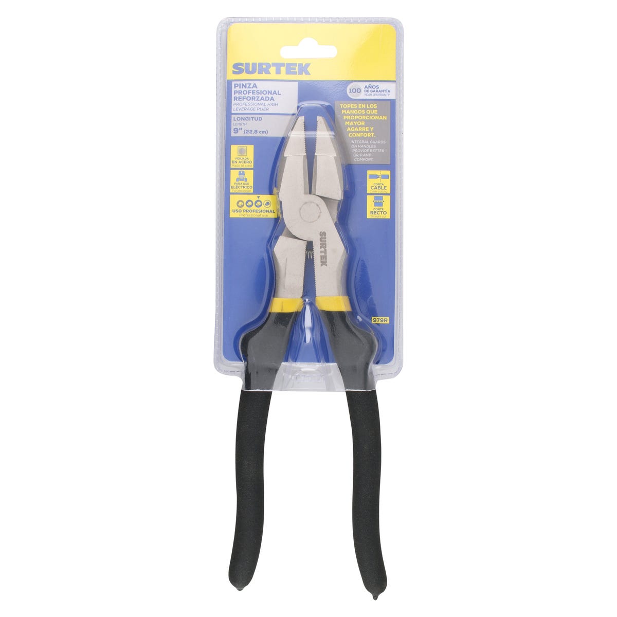 Pinza Para Electricista Con Mango Rubber Grip Corte Lateral Reforzada De 9, Surtek 979R
