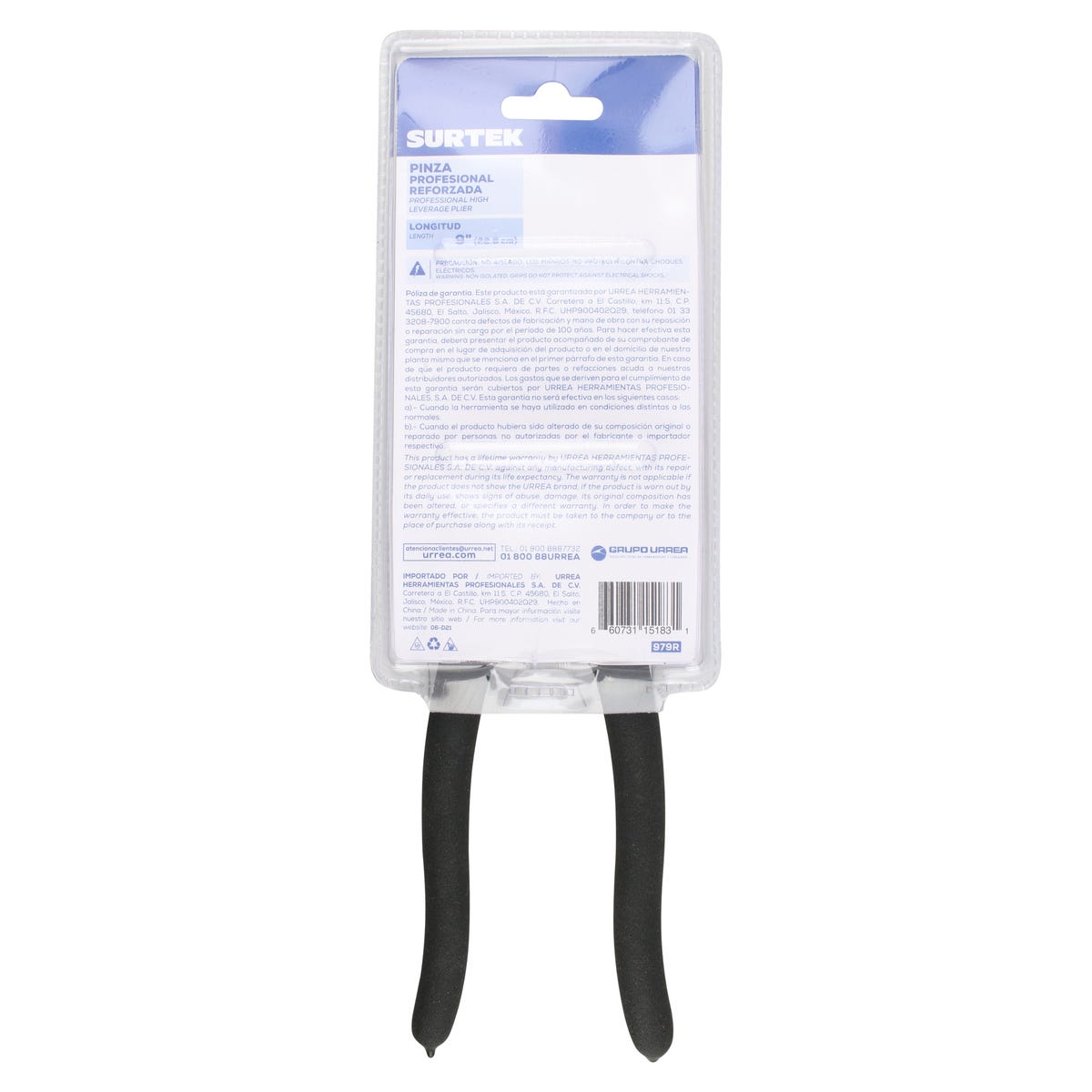 Pinza Para Electricista Con Mango Rubber Grip Corte Lateral Reforzada De 9, Surtek 979R