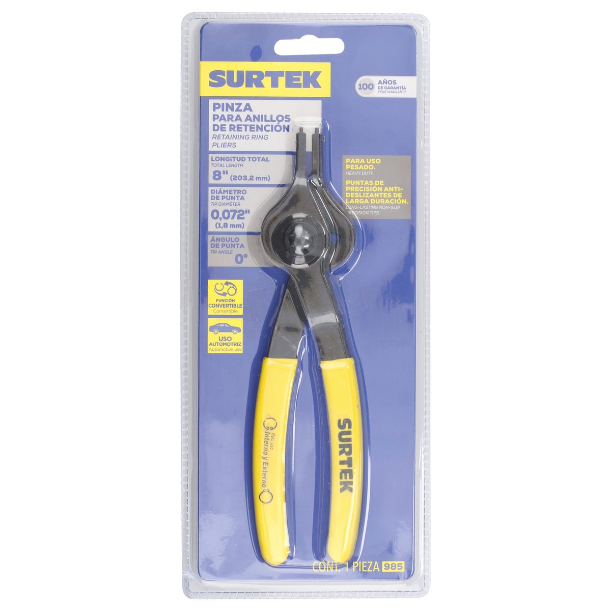 Pinza Para Anillos De Retención Convertibles .072 Ángulo De 180°, Surtek 985