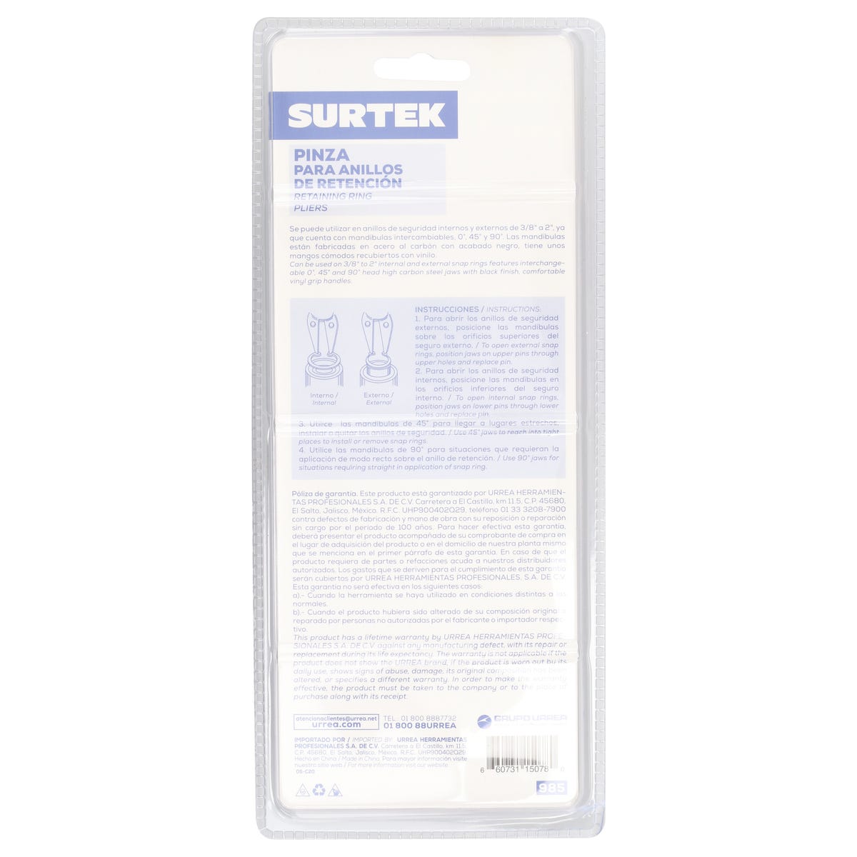Pinza Para Anillos De Retención Convertibles .072 Ángulo De 180°, Surtek 985