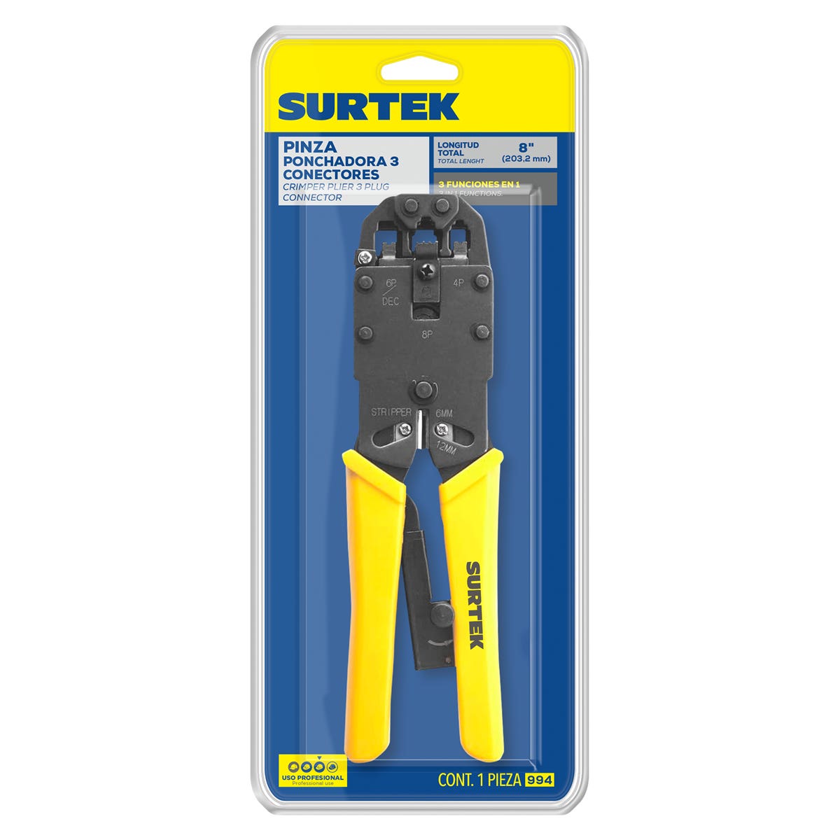 Pinza Ponchadora Modular Para Conectores RJ45, RJ12, Surtek 994