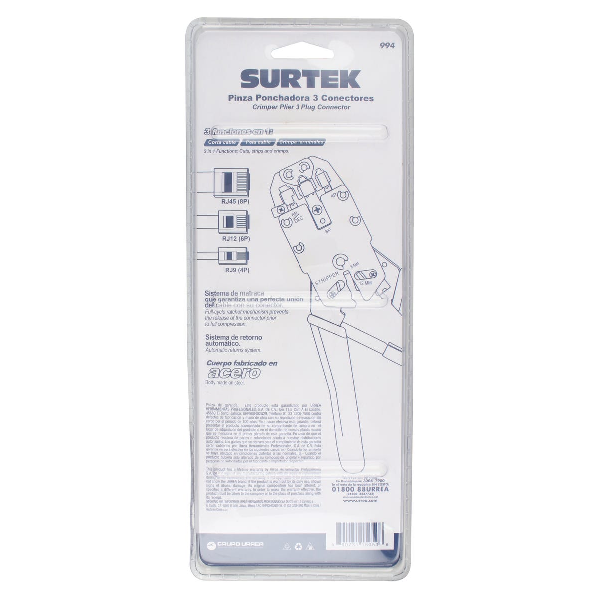 Pinza Ponchadora Modular Para Conectores RJ45, RJ12, Surtek 994