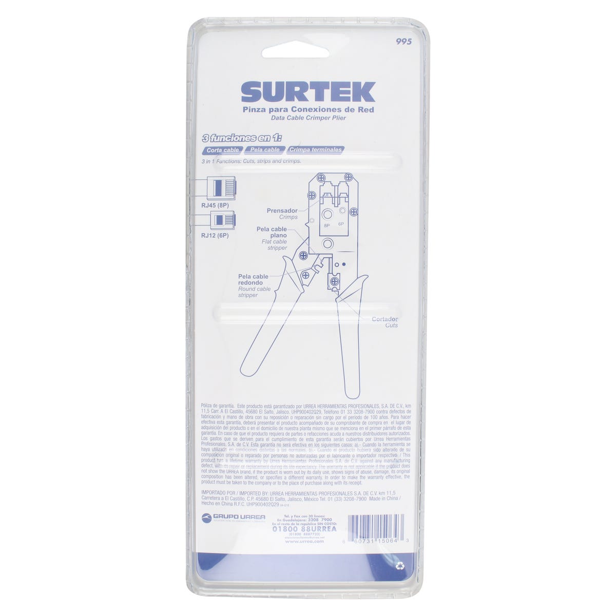 Pinza Ponchadora Modular Para Conectores RJ12 De 9, Surtek 995
