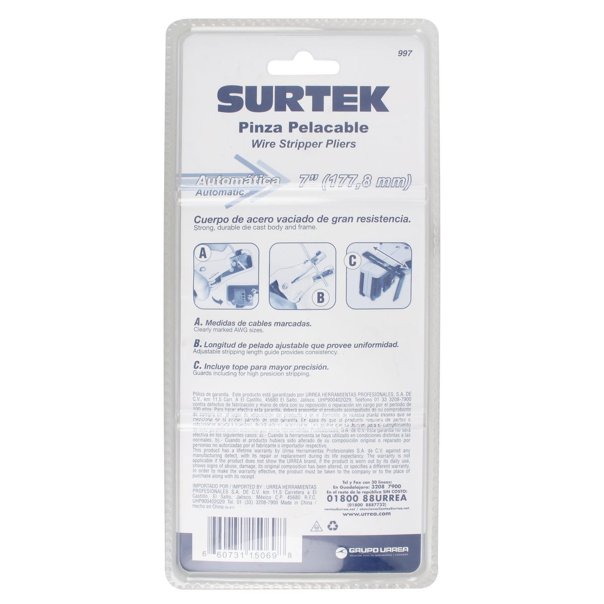 Pinza Pelacable Automática 8-22 AWG De 7, Surtek 997