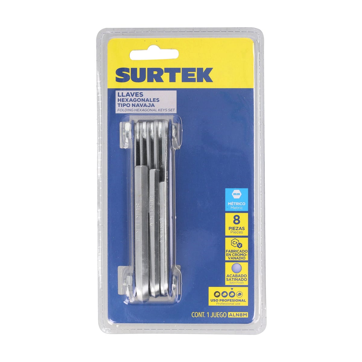 Juego De Llaves Hexagonales Tipo Navajas Métricas 1.5 A 8 mm Estuche Metálico, 8 Pz, Surtek ALN8M