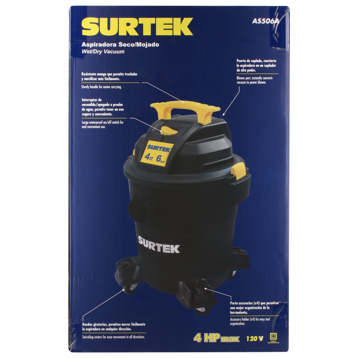Aspiradora De Plástico 6 Galones, 4 HP 120 V, Surtek AS506A