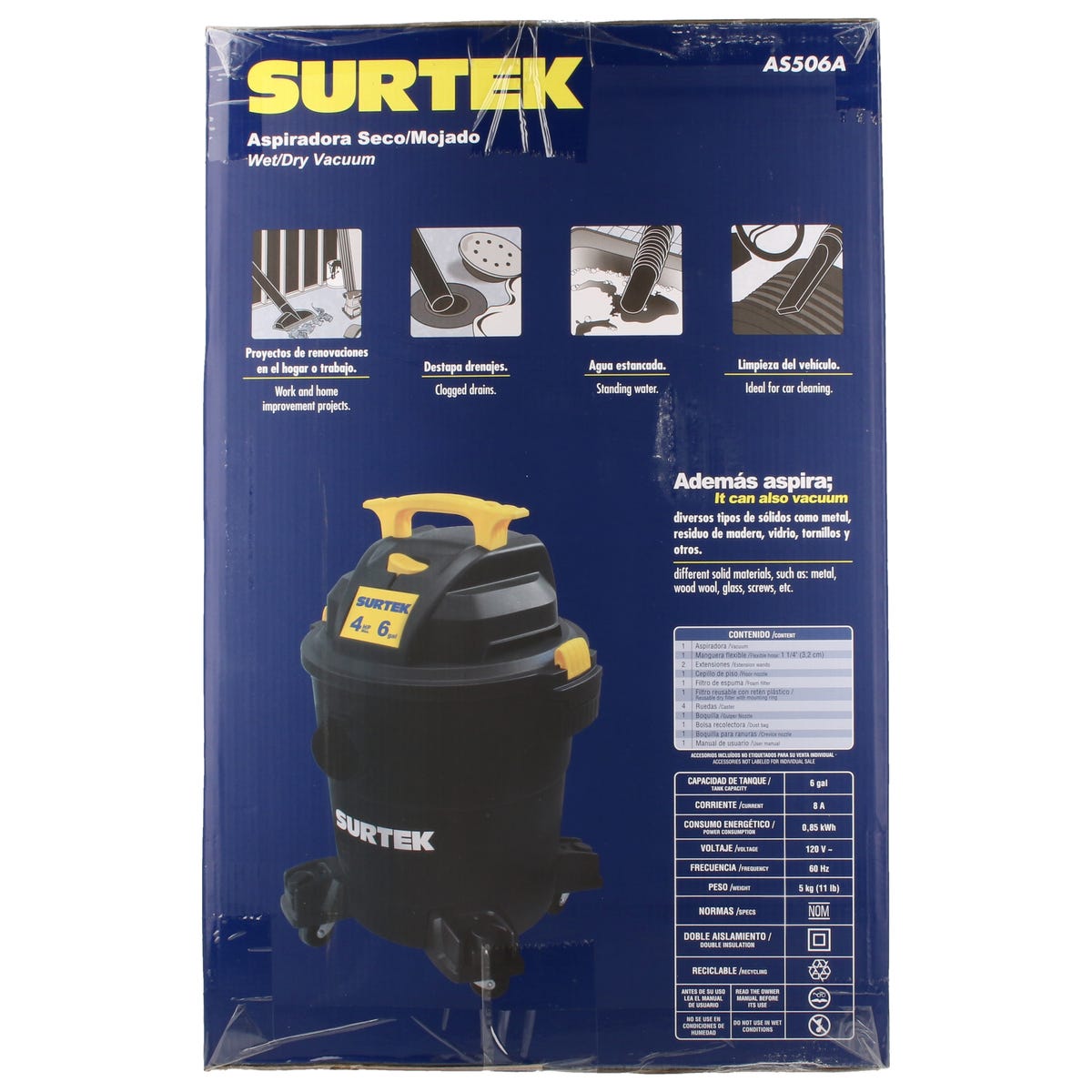 Aspiradora De Plástico 6 Galones, 4 HP 120 V, Surtek AS506A